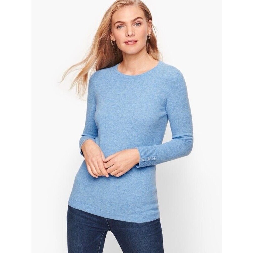 Talbots 100% Cashmere Crewneck Sweater Light Blue Heathered Knit Women Sz M EUC